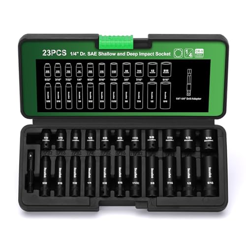 TecoTek 23 Pieces 1/4-Inch Drive Shallow and Deep 12-Point Impact Socket Set CR-V 5/32 to 9/16 in SAE 1/4-1/4 Drill Adapter