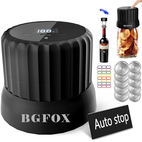 BGFOX 3-in-1 Electric Vacuum Sealer for Wide and Regular Mouth Mason Jars Vacuum Bag & Wine Freshness, Rechargeable Mason Jar Vacuum Sealer Kit with LCD, 10 Jar Lids, 48 labels, Stopper & Lid Opener