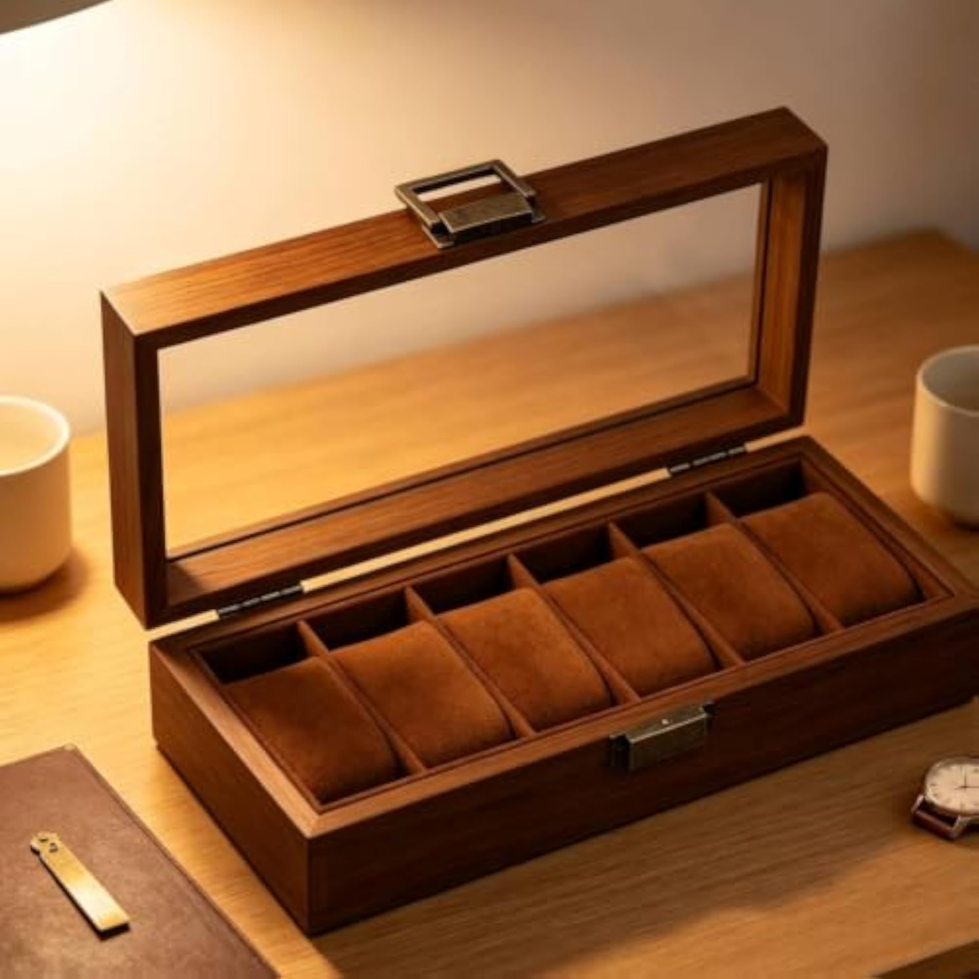Walnut Watch Display Case with Glass Lid, 10 Slot Storage
