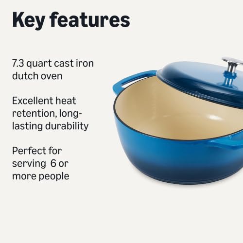 Image of Amazon Basics Enameled Cast Iron Dutch Oven Pot with Lid, Round, Dual Handles, Heavy-Duty, Oven Safe for Stews, Roasting, Baking, 7.3-Quart, Blue