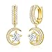 Sterling Silver Earrings for Women Dangle Hoop Charms Hypoallergenic Fashion Jewelry Star Moon Birthday Gift (Yellow Gold)
