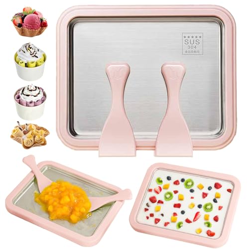 Eiscreme Roller Maker Set Mit 2 Spateln Instant Eismaschine Ice Cream Rolls Platte Für Erwachsene Und Kinder Hausgemachter Rollcreme Gefrorenem Joghurt Gelato Sorbet (Rosa 26 * 21CM)