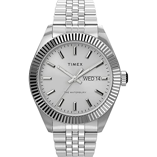 Timex Waterbury Legacy Day-Date - Reloj para Hombre de 41 mm, Esfera Plateada con Caja y Pulsera de Acero Inoxidable