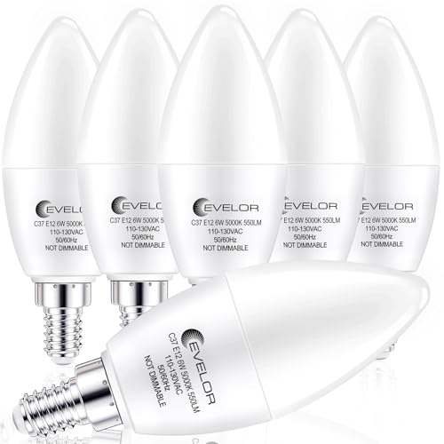 evelor E12 LED Candelabra Light Bulb,40 Watt Equivalent Daylight White 5000K,Efficient 6W Candle Chandelier Bulbs,550 Lumens Non-Dimmable Small Light Bulbs,20000 Hours, 6-Packs Daylight 5000