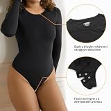 SHAPERX Body damskie body, wysoka elastyczność, krótki rękaw, top z długim rękawem, okrągły dekolt, tanga, czarny, M