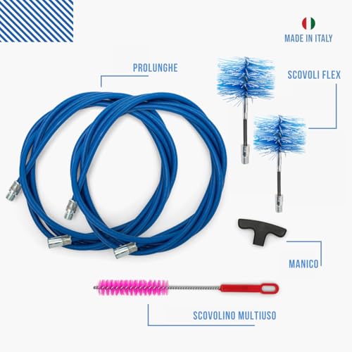 Baretto Flex | Kit Pulizia Stufa A Pellet, Caldaia E Camino | Ø 80–100 Mm | 6 M Blu | 2 Scovoli In Nylon Con Snodo Rinforzato | Attacco 12MA | Canne Fumarie 90° - Rimuove Incrostazioni E Sporco - 2