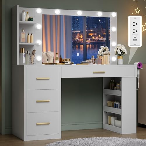 DWVO Makeup Vanity Desk with Mirror & Lights, 40inch Vanity Table with Power Outlets, 4 Drawers & 6 Open Storage Shelves, 3 Color Modes & Adjustable Brightness Dressing Table for Bedroom, White