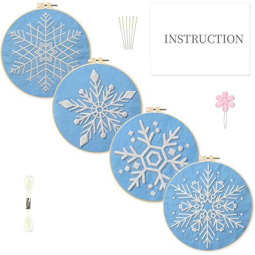 Image of INFUNLY 4 Pack Snowflake Embroidery Kits Cross Stitch Kits for Beginners Adults Christmas Needlepoint Starter Kit with Instructions for Thanksgiving Halloween Decor Home Room Wall 11.8x11.8in