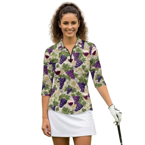 TODIYADDU Vintage Grape Golf Polo Women Summer 3/4 Sleeve M