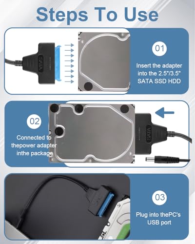USB 3.0 to SATA Cable Adapter SATA III Hard Drive Cable to Type C Adapter with 12V 2A Power Supply 3.5" HDD & 2.5" HDD/SSD Recovery SATA High-Speed Data Transfer Lead for Windows, Macos, Linux, UASP - Image 5