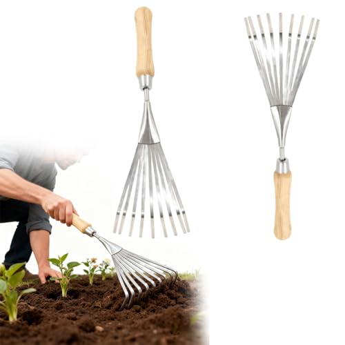 Rastrelli a mano in acciaio inox, rastrello da giardino e rastrello a mano per giardinaggio, mini rastrello da giardino in acciaio da 15 in 9, rastrello a ventaglio per foglie, rastrello per erba e