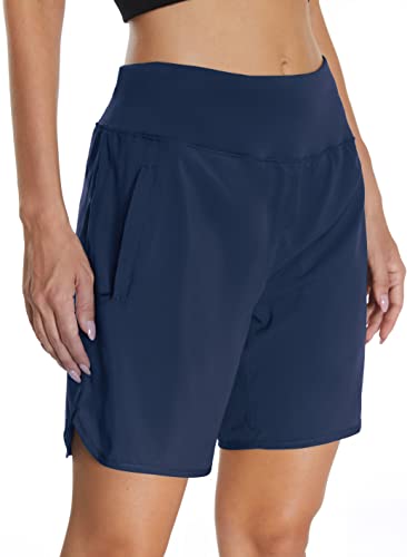 Mesing Pantaloncini Sportivi Running Donna a Vita Alta Pantaloni Corti Palestra Allenamento Corsa Traspirante Sport Shorts con Slip Interni e Tasche Posteriori con Cerniera DK3083W-Blue-M