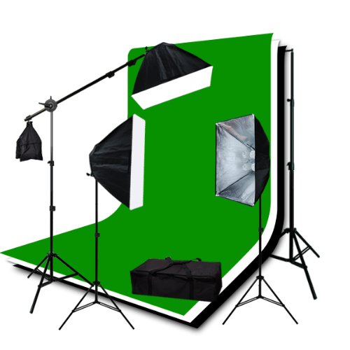ePhoto 3pcs 6x9 Chromakey Green Black White Screen Muslins Backdrops Background Support Kit 2400 Watt Photography Video Lighting Studio Photo Portrait Lights with Case by ePhotoInc H9004SB2-69BWG