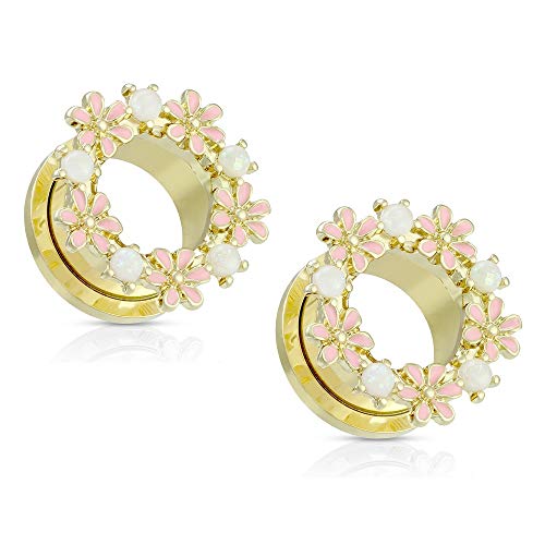 Pierced Owl - Gold PVD Plated Stainless Steel Synthetic Opal and Pink Enamel Flowers Screw Fit Tunnel Plug Gauges, Sold as a Pair