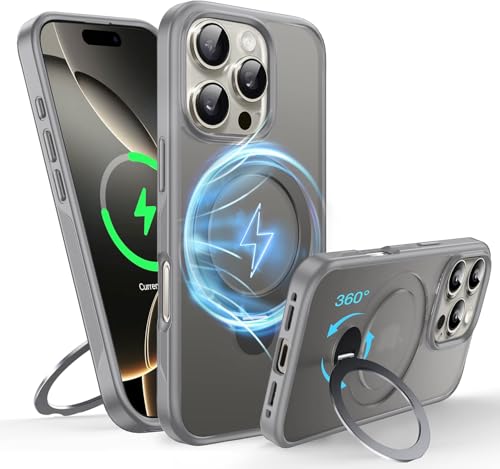 Image of DIZORO 360Rotatable Magnetic Ring Case Compatible for iPhone 16 Pro Max Back Cover Compatible with MagSafe[Non-Slip Edge] Built-in Kickstand Translucent Matte Silicone Bumper Slim, Natural Titanium.