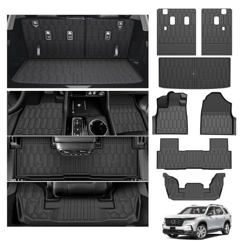 Powerty Floor Mat for Honda Pilot 2023-2025 2026 All Weather TPE Custom Trunk Cargo Mat Liner with Backrest Mat Replacement for Honda Pilot Accessories (Trunk Mat+Backrest Mat+Floor Mat)