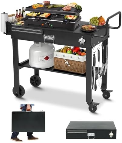 Foldable Outdoor Grill Cart with Locking Wheels, Sturdy Outdoor T...