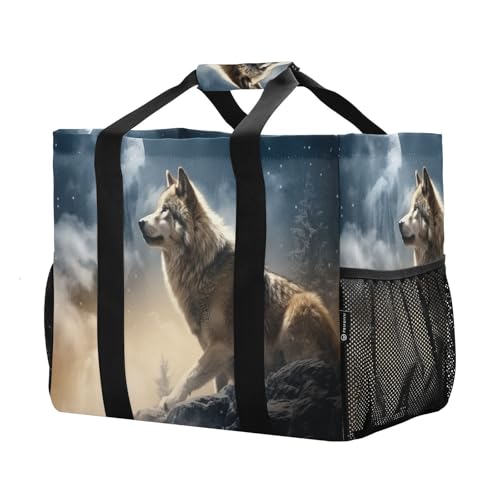 YETTASBIN Wolf Large Foldable Travel Tote Bag, Lightweight Waterproof Swim Pool Bag with Handles & Pocket for Beach Outdoor, Reusable Grocery Bag for Kitchen, Shopping