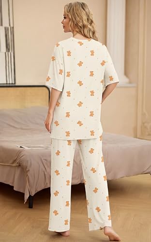 Image of PrinStory Womens Pajamas Sets 2 Piece Lounge Set Short Sleeve Tops and Long Pants Soft Pjs Loungewear with Pockets