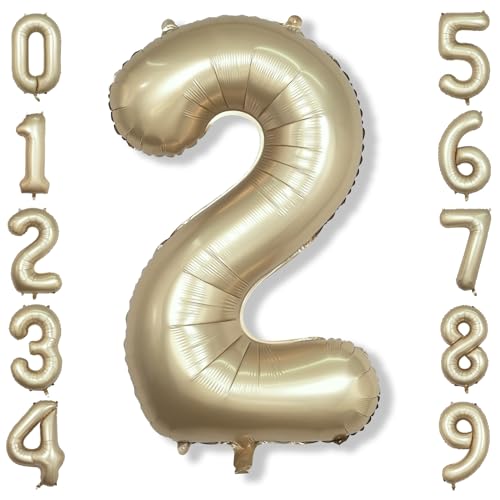 Image of Champagne Gold 2 Balloons, 40 Inch Giant Metallic Helium Mylar Foil Number 0-9, Light Gold 2nd Birthday Balloon for Boys Girls, Morados Numero Two for Women Anniversary Party Decorations