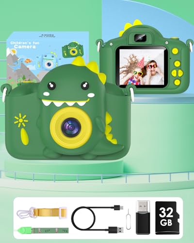 Kinderkamera, Gofunly Kinder Kamera 1080P 2,0-Zoll-Bildschirm Selfie Digitalkamera mit 32GB-Karte für 3-12 Jahre Jungen Mädchen Geburtstagsgeschenk Weihnachten Spielzeug Grün Dinosaurier