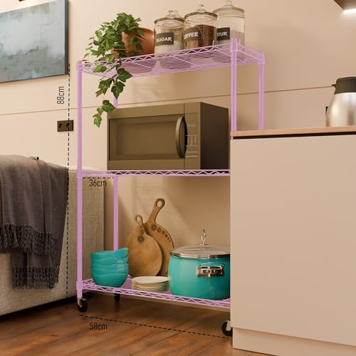 Image of 3-Shelves Wheels Heavy Duty Steel Storage Rack | Multipurpose Shelving Unit for Kitchen, Home & Utility | Pink, 3 Shelves Wheels
