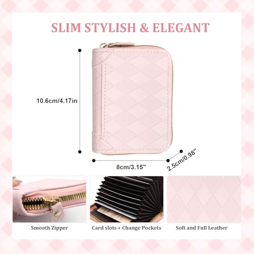 LJCZKA Credit Card Holder Wallet for Women Men Small Zipper Card Case Leather Accordion Purse Short Compact Change Pocket (Quilted Pink)3