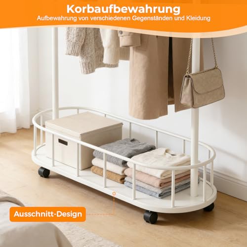 IRONDELIC Kleiderständer auf Rollen, Mobiler Garderobenständer, Metall Kleiderstange mit Aufbewahrungskorb und 6 Haken, 360° Bewegen, für Schlafzimmer, Flur und Wohnzimmer, Weiß - 3