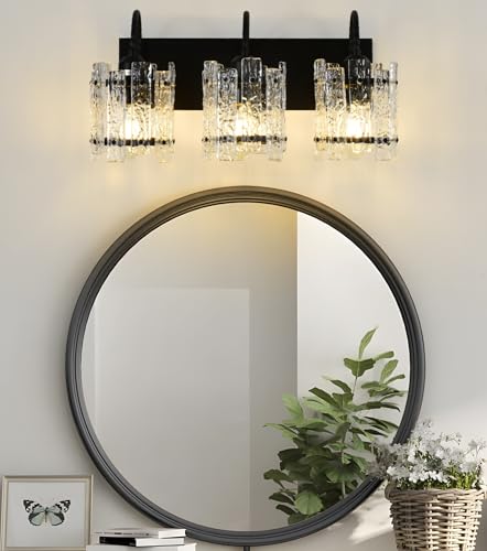 Image of Black Vanity Lights for Bathroom 3 Lights with Stone Texture Round Glass Modern Bathroom Sconce Above Mirror 20in Wall Lamp for Bathroom Living Room Bedroom (Bulbs Included)