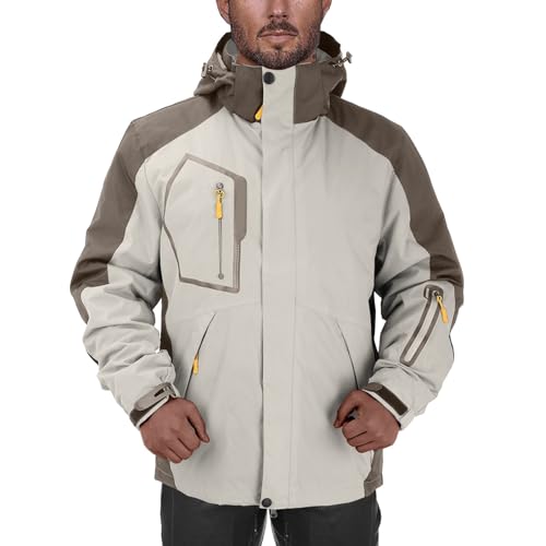 Generisch Rain Jacket Men's Waterproof Breathable Wind Jacket Cargo Colour Block Transition Jacket Thickened Fleece Hiking Jacket Large Sizes Warm Raincoat Outdoor Sports Hooded Jacket for Men, White