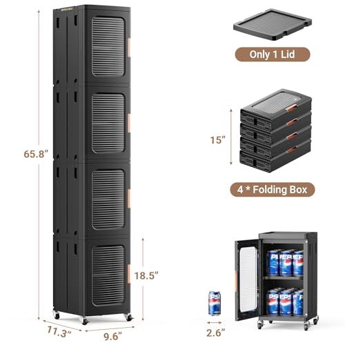 Image of BROVIEW 4-Tier Tall Narrow Storage Cabinet Organizer, Slim Bathroom Cabinets with Adjustable Shelves and Doors, Plastic Kitchen Pantry Organizers and Storages for Small Space, Laundry, Black