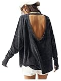 SOLY HUX Open Back Tops for Women Plus Size Long Sleeve Backless T Shirt Drop Shoulder Oversized Tee Streetwear Plain Dark Grey XX-Large Plus