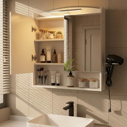 DazzlerE Spiegelschrank Bad mit Beleuchtung 60 cm Breit, Badezimmer Spiegelschrank mit Beleuchtung für Badezimmer, mit Steckdosen, Haken, Haartrockner-Halter, Weiß, 60 X 15 X 64.2cm