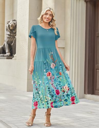 Image of Zeagoo Summer Dresses for Women 2026 Maxi Bohemian Floral Short Sleeve Long Dress Casual Flowy Tired Beach Sundress