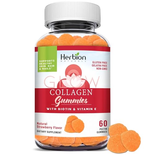 Herbion Naturals Collagen Gummies with Biotin & Vitamin E, Helps Support Healthy Skin, Hair, & Nails*, Natural Strawberry Flavor, Gluten-Free, Non-GMO, 60 Pectin Gummies, Made in USA
