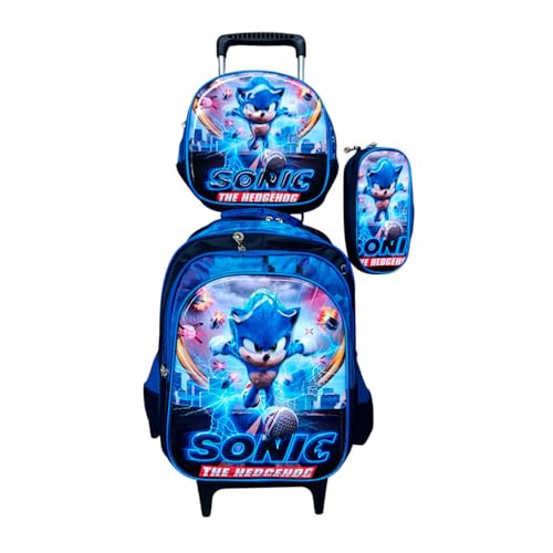 Kit Mochila Sonic3 em 3D em Alto Relevo com Rodinhas + Lancheira Térmica + Estojo Escolar Infantil Azul Claro