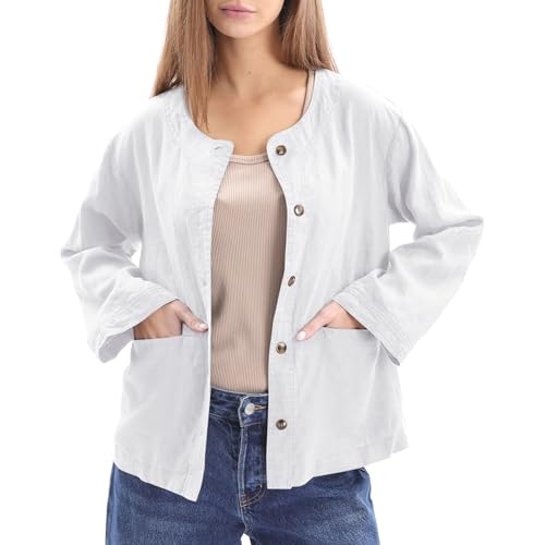 Image of Amazhiyu Women's 100% Linen Long Sleeve Button Up Crew Neck Lightweight Cardigan