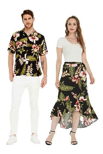 Matchable Couple Hawaiian Luau Shirt or Wrap Skirt in Black Rafelsia