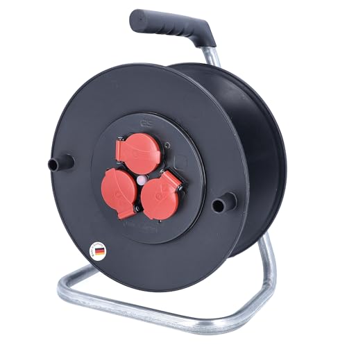 as - Schwabe Kunststoffkabeltrommel Leertrommel Ø285 mm für ca. 40 m Kabel, 3 Einbausteckdosen mit Klappdeckel 230V/16A, Thermoschutzschalter, IP44, Schwarz, 10120