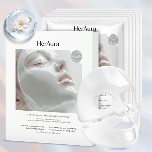 Image of Collagen Face Mask Skin Care 5-Pack Camellia Sinensis and Prebiotic Gel Masks - Nourishing and Revitalizing for Glass Skin, Hydrating and Calming Radiance, 30g Each