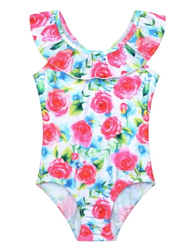 Image of Snowheart Girls Swimsuit One Piece Bathing Suit Kids Quick Dry Shoudler Ruffle Floral Swimwear for 3-12 Years Old