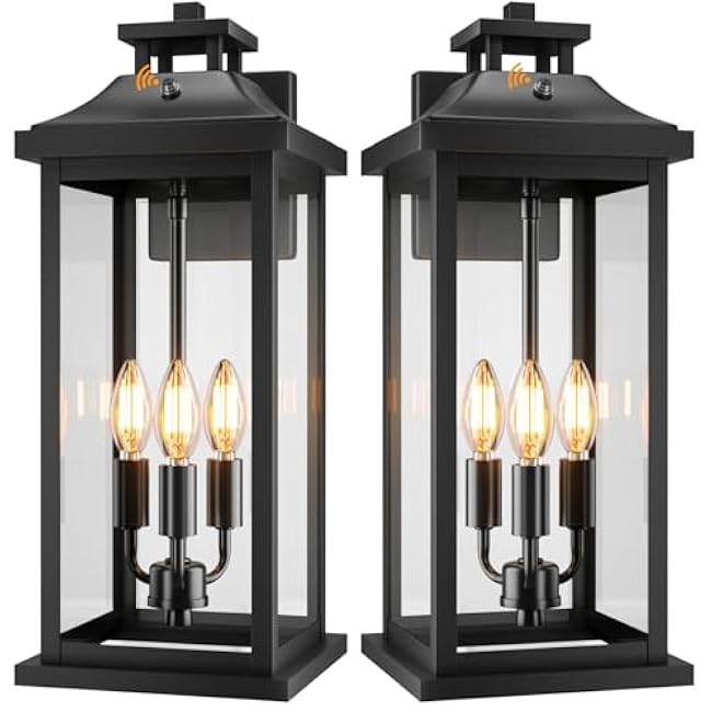 20 Large Dusk to Dawn Outdoor Lights 3-Light, 2 Pack Black Modern Exterior Lighting Fixtures Photocell Sensor Outside Porch Lights Wall Mount, Waterproof Patio Exterior Sconce Lamps E12