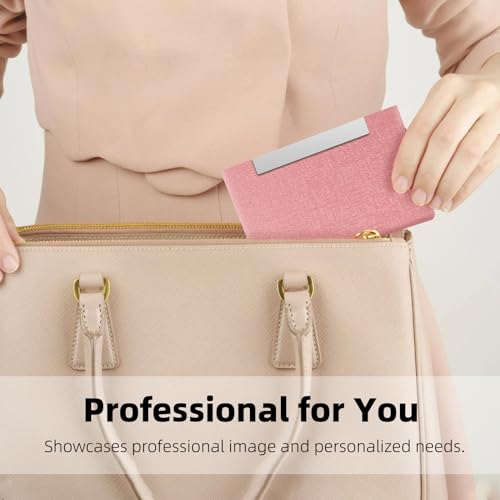 Business Card Holder/Case with Premium PU Leather and Stainless Steel for Men and Women - B-Pink3