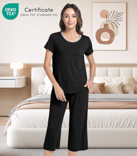Image of NACHILA Bamboo Viscose Women's Pajamas Sets Short Sleeve Sleepwear and Capri Pants