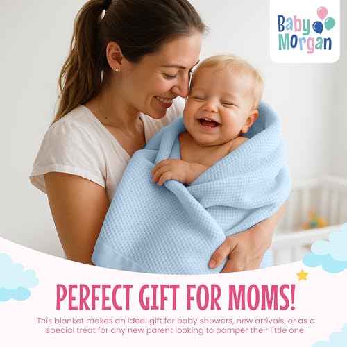 Image of Blankets Thermal Waffle Baby Blanket Crib Bedding - Soft Cozy Warm Infant Thermal Cover for Nursery Stroller or Bassinet, Lightweight Ideal Shower Gift, Nylon Trim Blue 36 inch x 50 inch