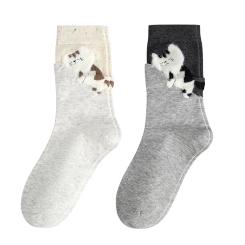 FIYIGO Womens Cat Socks Cute Animal Socks Novelty Funny Casual Cotton Crew Socks Valentines Day Gifts for Women - 2 Cats (B)