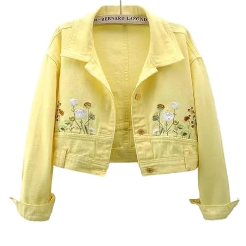 JHSDHYD Cazadora Vaquera Mujer Chaqueta vaquera de manga larga con flores bordadas en amarillo for mujer, primavera y otoño(XXL)