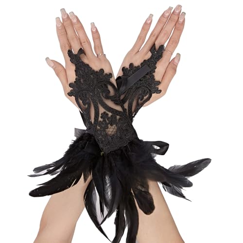 OTPEH Women Feather Witch Gloves Black Swan Dark Fallen Angel Vampire Devil Cosplay Costume Accessories