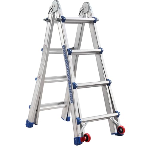 Teeno Scala Telescopica Multiuso In Alluminio 4 M, Scala Pieghevole 4X4 Gradini Con Rimovibile Ruote E Base Rinforzata Triangolare, Sistema Di Accesso Estensibile, Telescopico Da Salita, Carico 150KG-image