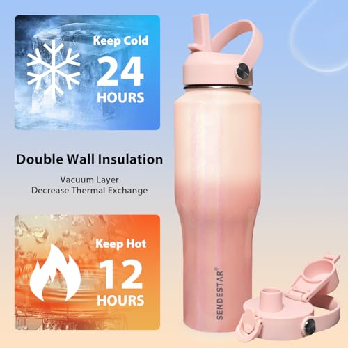 Image of SENDESTAR 40oz Stainless Steel Water Bottle(Cold for 48 Hrs, Hot for 24 Hrs),Double Wall Vacuum Insulated Bottle with Straw Lid, Spout Lid and Flex Cap, Fit in Any Car Cup Holder